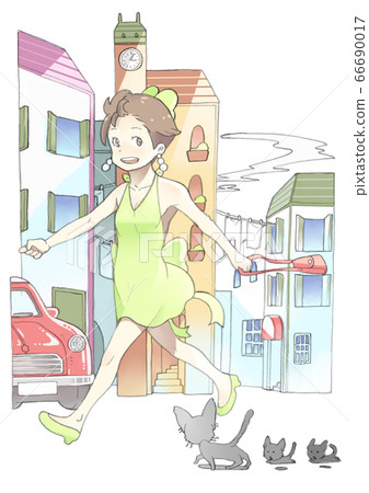 女人走路購物歐洲風格的城市景觀 女人走路購物歐洲風格的城市景觀 66690017