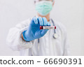 The doctor holds a test tube containing a blood sample that has no the result positive or negative for coronavirus. 66690391
