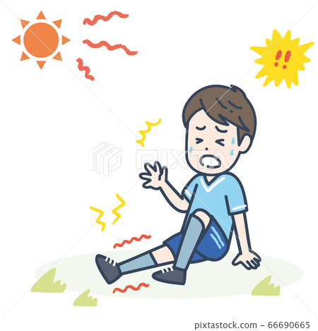 Illustration of a man suffering from heat cramps due to heat stroke 66690665