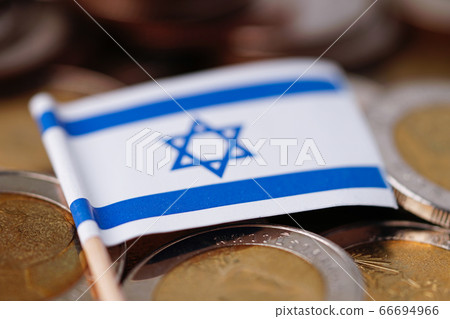 Israel flag on coins background. Israel flag on coins background. 66694966