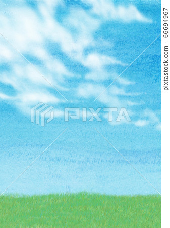 藍藍的天空雲草甸水彩背景 66694967