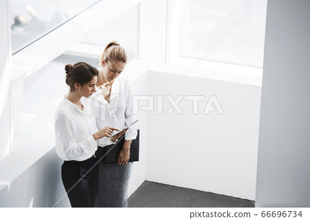 Two female confident leaders having conversation about their successful joint project 66696734