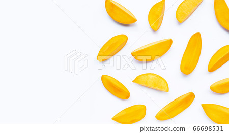 Tropical fruit, Mango slices on white background. Tropical fruit, Mango slices on white background. 66698531