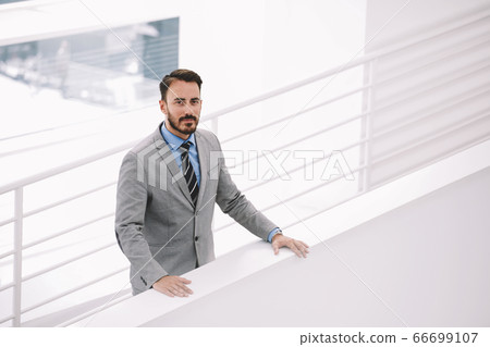 Male intelligent CEO is waiting business partners in hallway his company Male intelligent CEO is waiting business partners in hallway his company 66699107