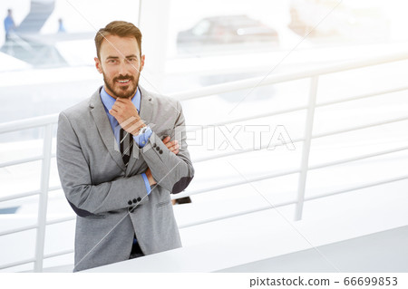 Male intelligent CEO is waiting business partners in hallway his company Male intelligent CEO is waiting business partners in hallway his company 66699853