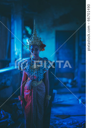 Ancient Thai ghost in traditional costume that 66701490