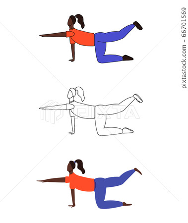 Set of three female characters. Girl in flat, cartoon and line style. Vector illustration of women doing sport. Set of three female characters. Girl in flat, cartoon and line style. Vector illustration of women doing sport. 66701569