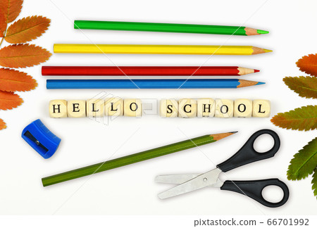 Text HELLO SCHOOL at wooden cubes with colorful 66701992