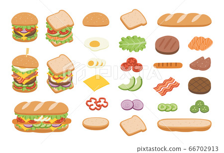 Set of ingredients for burger and sandwich. Fast food concept. Set of ingredients for burger and sandwich. Fast food concept. 66702913