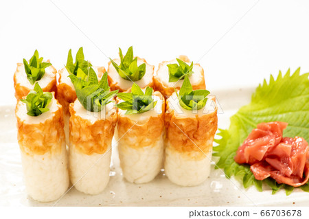 Chikuwa's large leaves stuffed with plum meat. (White background) Chikuwa's large leaves stuffed with plum meat. (White background) 66703678