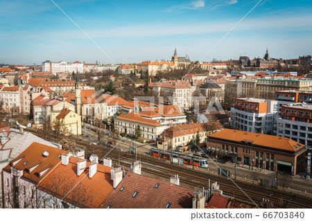 Houses with traditional red roofs in Prague in the Czech Republic. Houses with traditional red roofs in Prague in the Czech Republic. 66703840