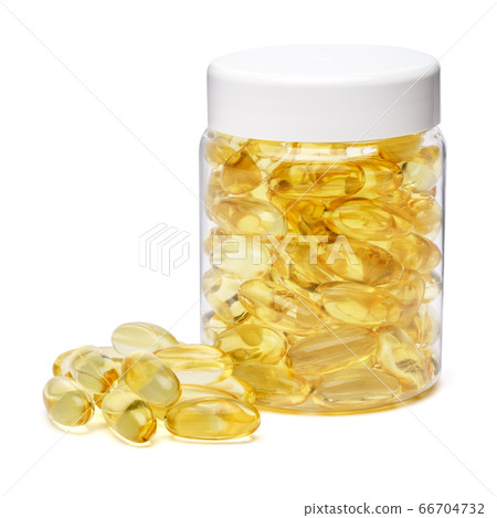 white plastic medicine vial can jar with capsiles isolated on white background 66704732