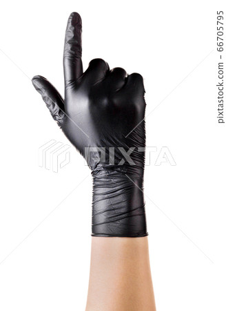 Hand in black gloves with the index finger 66705795