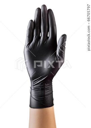 Hand in black gloves showing five fingers and palm Hand in black gloves showing five fingers and palm 66705797
