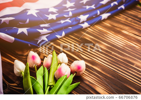 Happy Memorial Day, American USA flag and a Tulip 66706876
