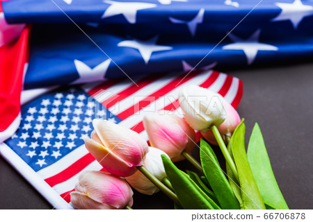 Happy Memorial Day, American flag and a Tulip 66706878