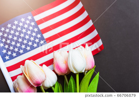 Happy Memorial Day, American flag and a Tulip 66706879
