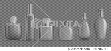 Glass bottles with perfumes mockup set. Stylish realistic templates transparent packaging for gel perfume. 66706912