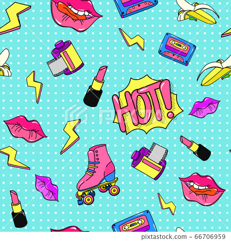 Style 90s pop pattern. Seamless retro color music cassette lightning bright lipstick red reel film. Style 90s pop pattern. Seamless retro color music cassette lightning bright lipstick red reel film. 66706959