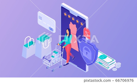 Shopping safe online isometric concept. Fashionable purchase modern thing using securely online store applications. Shopping safe online isometric concept. Fashionable purchase modern thing using securely online store applications. 66706976