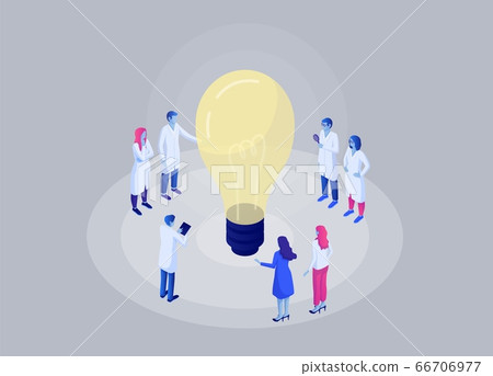 Scientific breakthrough in biochemical laboratory isometric concept. Group scientists are developing new idea. Scientific breakthrough in biochemical laboratory isometric concept. Group scientists are developing new idea. 66706977