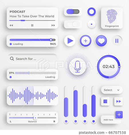 User interface elements. Sliders for websites, mobile menu, navigation and apps. White web buttons and ui sliders. Interface for video and music control. Ui icons set 66707538