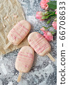 Gourmet ice cream dessert coconut-flavored iced chocolate glaze pink chocolate from a home bakery on gray background. Selective focus, copy space 66708633