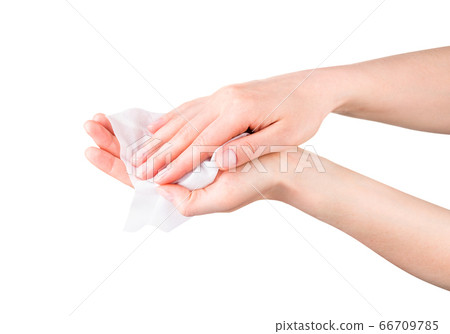 Woman hand use antibacterial wet wipes or tissue 66709785
