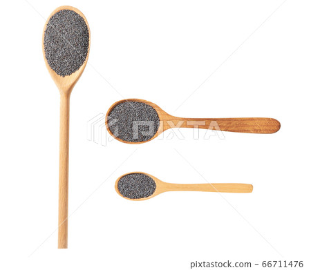 poppy seeds on a wooden spoon isolated on white poppy seeds on a wooden spoon isolated on white 66711476