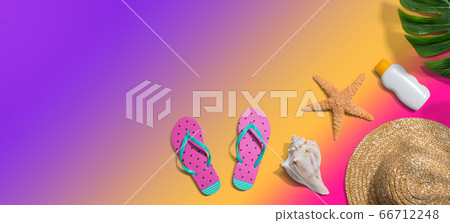 Summer concept with a straw hat, sunblock, starfish, and beach sandals Summer concept with a straw hat, sunblock, starfish, and beach sandals 66712248