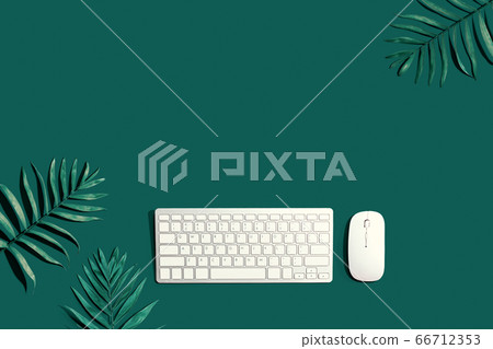 Computer keyboard and mouse with tropical plants 66712353