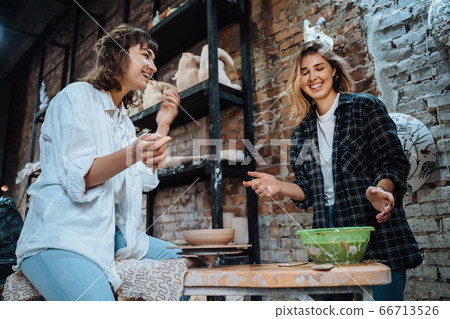 Making a handmade clay pot. Pottery lesson, hobby. 66713526