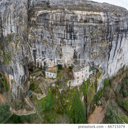 Aerial view of the Grotto of Maria Magdalena in France, Plan D'Aups, the massif St.Baum, holy fragrance, famous place among religious believers, the Monastery of Dominican Friars Aerial view of the Grotto of Maria Magdalena in France, Plan D'Aups, the massif St.Baum, holy fragrance, famous place among religious believers, the Monastery of Dominican Friars 66715079