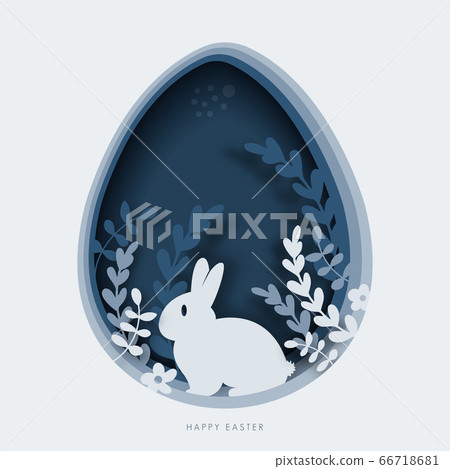 Happy easter greeting card template. paper cut illustration of easter rabbit, grass. 66718681