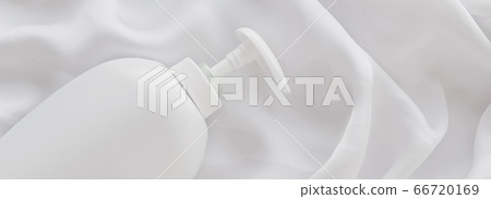 Blank label cosmetic container bottle as product mockup on white silk background 66720169