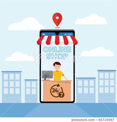 Mobile application for shopping, Online supermaket, Smartphone with shopping app. 66720997