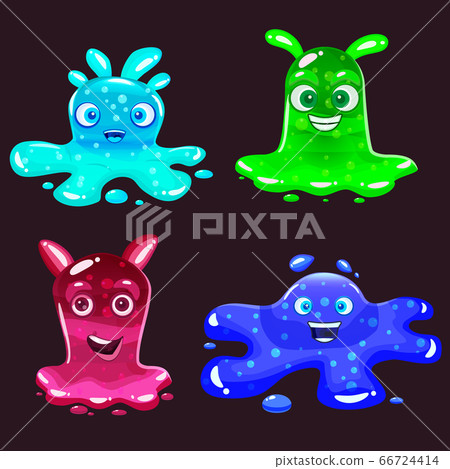 Set Slime jelli monsters characters, liquid green red cyan blue creatures. Funny cute cartoon vector illustration on black background Set Slime jelli monsters characters, liquid green red cyan blue creatures. Funny cute cartoon vector illustration on black background 66724414