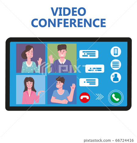 Video conference people on computer screen talking by internet in videocall, chat, UI, UX. Online meeting team working from home workspace remote management communication meeting. Vector illustration 66724416