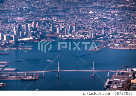 Aerial view Yokohama Bay Bridge and Port of Yokohama Landmark Tower Pacifico Yokohama Sunny Dayside 66725055