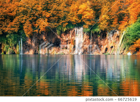 Waterfall landscape of Plitvice Lakes Croatia. 66725619