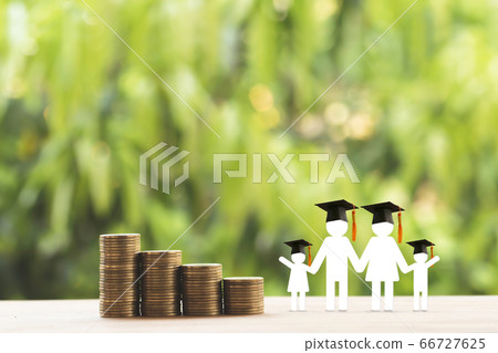 Family members, rows of rising coins with graduation cap or hat on a table. Concept Saving money for kid, child education depicts increasing in cost for paying tuition fee when study higher class 66727625