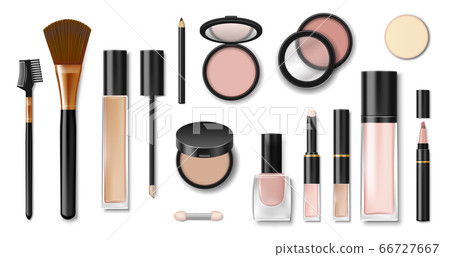 Set of realistic cosmetic makeup products. Blank template of containers for face cosmetic, eyeshadow, lipstick, brush, powder, nail polish and mascara. Vector Set of realistic cosmetic makeup products. Blank template of containers for face cosmetic, eyeshadow, lipstick, brush, powder, nail polish and mascara. Vector 66727667