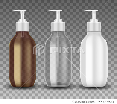 Realistic glass and plastic bottle with dispenser pump. Transparent bottle template mockup with liquid gel, soap, lotion, shampoo, cream isolated. Realistic glass and plastic bottle with dispenser pump. Transparent bottle template mockup with liquid gel, soap, lotion, shampoo, cream isolated. 66727683