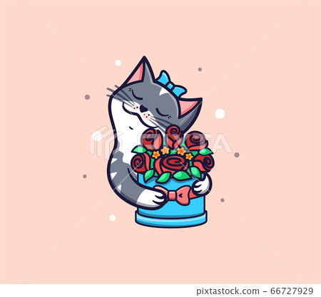 The logo Cat with Flowers. Logotype Happy Birthday and funny cartoon kitty 66727929