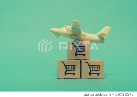 White model airplane lands on blue background from 66728573