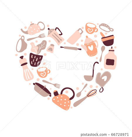 Vector greeting card love frame with place for text for food blog kitchen in the shape of a heart. Cute design cooking scandinavian element for restaurant, cafe menu banner, poster 66728971