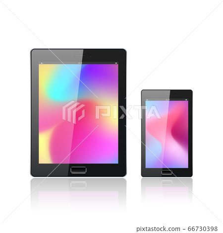 Modern digital tablet PC with mobile smartphone isolated on the white. Abstract fluid 3d shapes vector trendy liquid colors backgrounds. Colored fluid graphic composition. 66730398