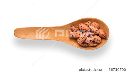 peanuts ,thai name is tiger-stripe beans in wood spoon isolated on white background. top view peanuts ,thai name is tiger-stripe beans in wood spoon isolated on white background. top view 66730700