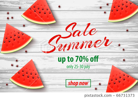 Summer Sale banner with Watermelon on Wooden Background Summer Sale banner with Watermelon on Wooden Background 66731373