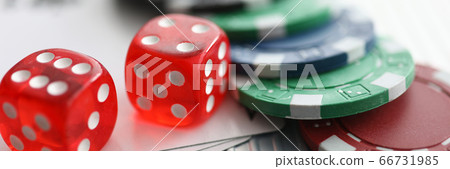 Close up on table are dice chips playing cards Close up on table are dice chips playing cards 66731985